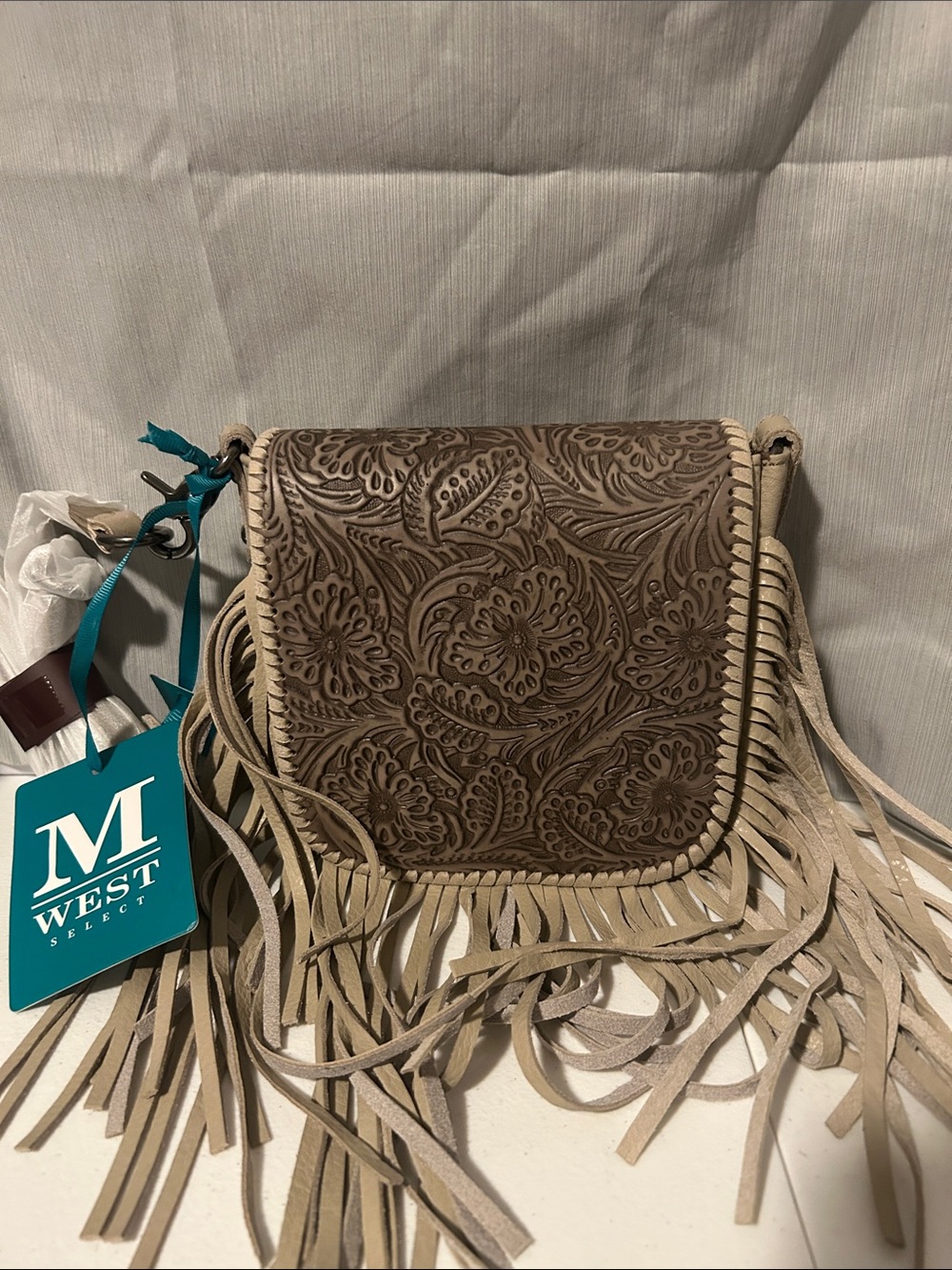 Taupe Tooled Leather Fringe Crossbody Bag
